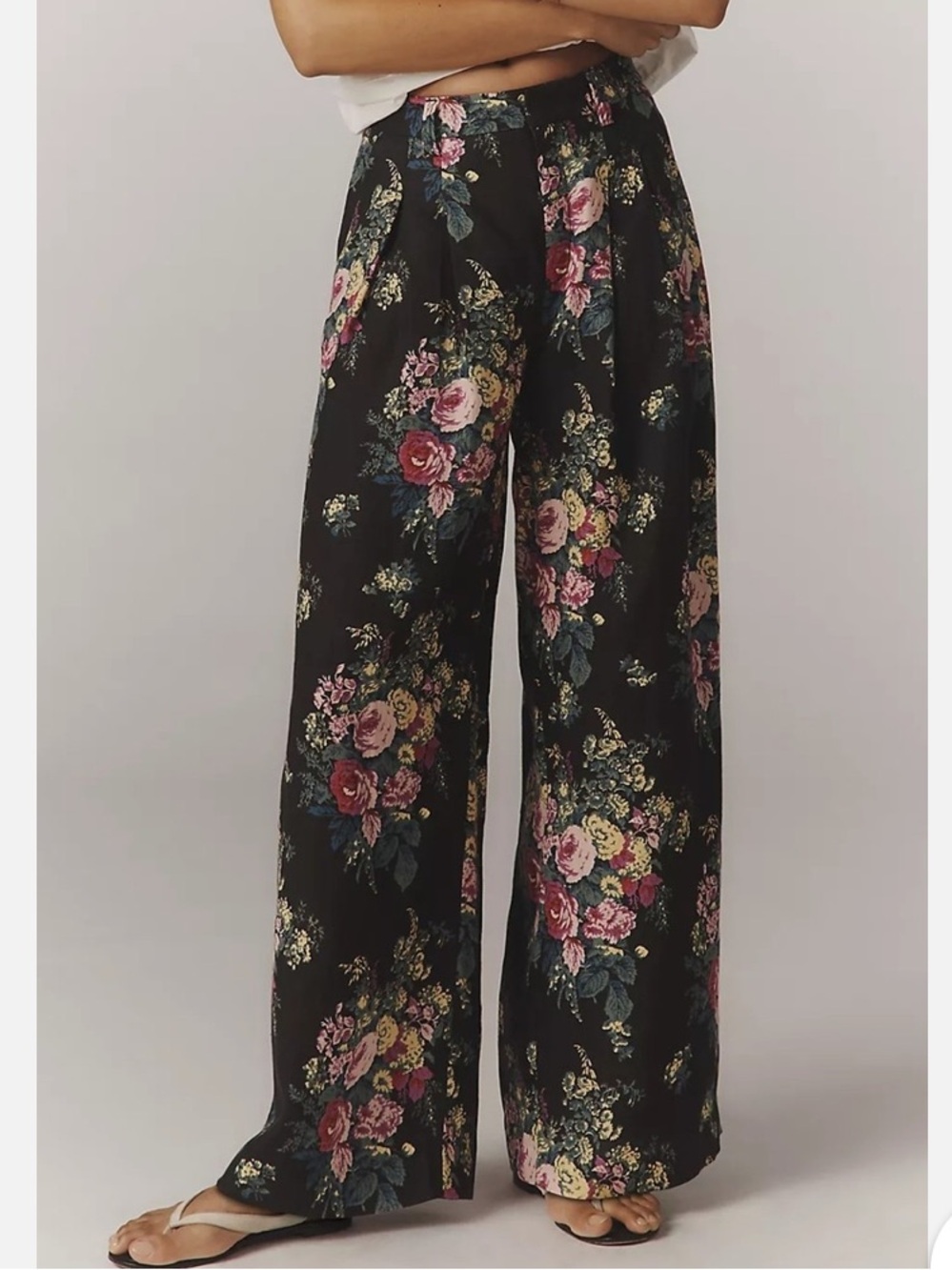 Anthropologie Maeve Black Avery Floral Linen Pleated Wide Leg Pants NWOT Sz S